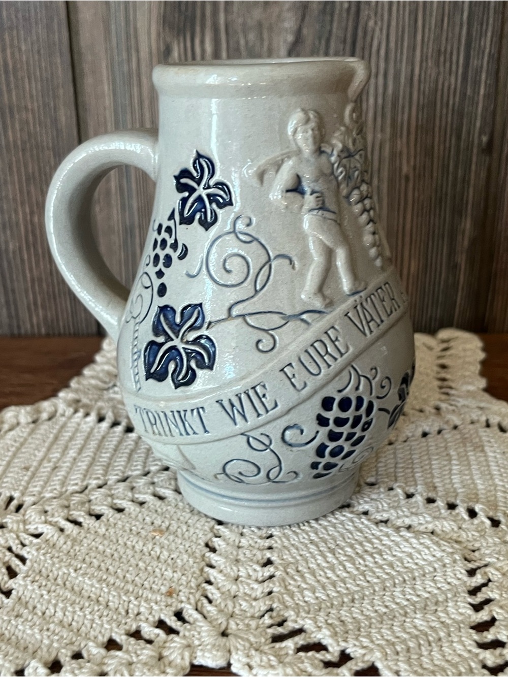 Small Traditional Stoneware Pitcher with Blue Accents